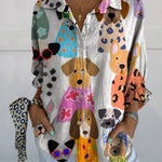 Women's Minimalist Colorful Cartoon Puppy Print Casual Linen V-neck Shirt
