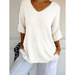 Women's Solid Color Knitted 3/4 Sleeve V-neck Top