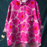 Vibrant Pink Floral Pattern Printed Women's Casual Cotton And Linen Shirt