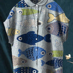 Women's Vintage Lovely Fish Art Print Casual Cotton Linen Shirt