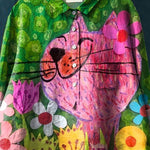Lovely Cat In Summer Garden Art Printed Women's Casual Cotton And Linen Shirt