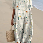 Women's Vintage Lovely Floral Art Print Casual Pocket Linen Dress（Convertible Dress With Front And Back Option）