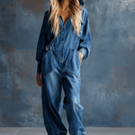 Casual Loose-fit Hooded Blue Denim Button-front Long-sleeved Jumpsuit