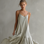 Women's Elegant Gray Satin Sleeveless Loose-fitting Maxi Dress With Spaghetti Straps