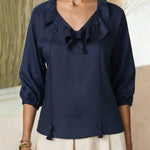 Women's Solid Color Ruffle V-neck 3/4 Sleeve Casual Loose Cotton And Linen Top
