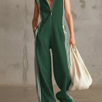 Cozy Casual Sports Striped Zip-up Jumpsuit