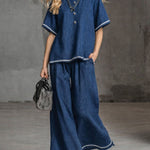Women's Round Neck Short-sleeved Casual Loose Denim Top And High-waisted Wide-leg Denim Pants Set.