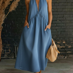 Retro Stand-collar 100% Cotton Denim Midi Dress