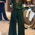 Cozy And Loose-fitting Satin Shirt And Wide-leg Pants Two-piece Set.