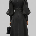 Fashionable Patchwork Leather Lantern Sleeve Denim Dress
