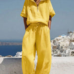 Women's Solid Color Hooded Short-sleeved Pullover Top And Elastic Waist Loose Wide-leg Pants Cotton And Linen Set.