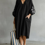 Long-sleeved Linen And Cotton Dress With Printed Cuffs And V-neck.