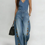 Women's V-neck Sleeveless Casual Loose Denim Wide-leg Jumpsuit