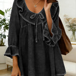 Women's Ruffled V-neck 3/4sleeved Loose-fitting Denim Top