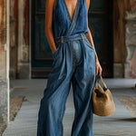 Women's V-Neck Retro Belt Wide-Leg Casual Denim Jumpsuit