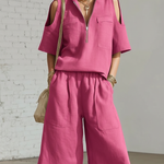 Minimalist Zip-up Shirt And Shorts Linen Two-piece Set-Everyday Wear
