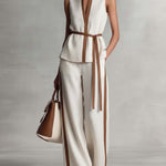 Women's V-neck Sleeveless Casual Loose Cotton Top And High-waisted Casual Loose Wide-leg Cotton Suit