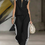 Women's Casual Patchwork Striped Zip-up Top And Pants Two-piece Set