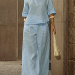 Women's Casual Linen And Cotton Shirt And Wide-leg Pants Two-piece Set
