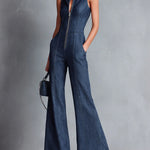 Casual Zipper Sleeveless Denim Flared Jumpsuit