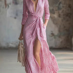 Women's Small Check Multi-color Linen-cotton Blend Long Dress