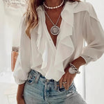 Women's Retro Romantic V-neck Long-sleeved Ruffle Shirt