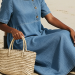 Casual Cozy Round-neck Loose-fitting 100% Cotton Denim Dress