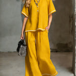 Women's Round-neck Short-sleeved Casual Loose Top And High-waisted Loose Wide-leg Pants Cotton And Linen Set.