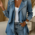 Women's Solid Color Long-sleeved Casual Loose Denim Cardigan With Irregular Hem.