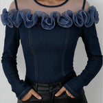 Fashionable Patchwork Mesh Organza Ruffled Denim Top