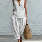 Minimalist Collared Shirt And Wide-leg Pant Linen Two-piece Set
