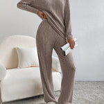 Women's Solid Color Casual Straight Leg Pants Loose V-neck Knit Set