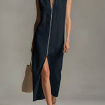 Women's Solid Color Stand-collar Sleeveless Casual Loose Linen Dress