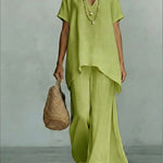 Classic Casual Short-sleeved Linen And Cotton Top And Wide-leg Pants Two-piece Set