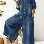 Women's Casual Peter Pan Collar Cotton Denim Wide-leg Jumpsuit