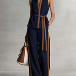 Women's V-neck Sleeveless Casual Loose Cotton Top And High-waisted Casual Loose Wide-leg Cotton Suit