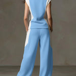 Women's Stand-collar Sleeveless Loose-fitting Cotton Top And Elastic-waist Loose Wide-leg Cotton Pants Set.