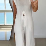 Women's Stylish Casual Elegant Resort Cotton Linen Front Slit Midi Top And Elastic Waist Loose Pants Set