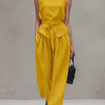 Women's Solid Color Round Neck Sleeveless Loose Casual Top And High-waisted Loose Wide-leg Pants Cotton And Linen Set.