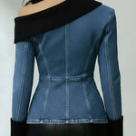 Women's One-shoulder Neckline Long-sleeved Casual Loose Denim Patchwork Top