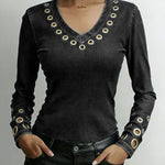 Women's Denim-look V-neck Long-sleeved Casual Loose-fitting Top