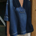 Women's V-neck Short-sleeved Loose-fitting Casual Denim Top