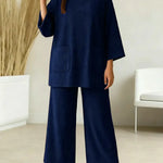 Women's Solid Color High-neck Long-sleeved Casual Loose Top With Elastic Waist And Wide-leg Pants Autumn/winter Set