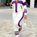Women's Color Block Stand Collar Long Sleeve Casual Loose Knit Cardigan Top And Elastic Waist Casual Pants Set