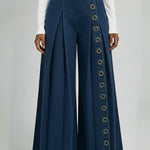 Casual Denim Wide-leg Pants With Metal Ring Embellishments.