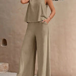 Women's Casual Crew Neck Top And Wide-leg Pants Set