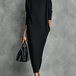 Women's Solid Color High-neck Long-sleeved Casual Loose Knit Dress