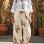 Button-down Top And Printed Wide-leg Trousers Linen Two-piece Set