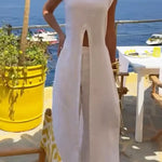 Women's Stylish Casual Elegant Resort Cotton Linen Front Slit Midi Top And Elastic Waist Loose Pants Set