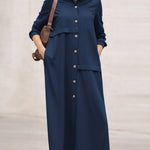 Women's Solid Color Lapel Long-sleeved Casual Loose Cotton And Linen Shirt Dress